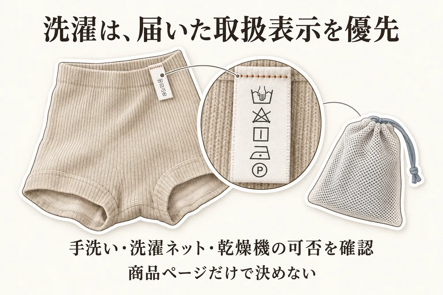 洗濯方法は届いた製品の取扱表示を優先することを示す図。腹巻パンツのラベルと洗濯ネットを描き、手洗い・洗濯ネット・乾燥機の可否を確認し、商品ページだけで決めないよう案内している。