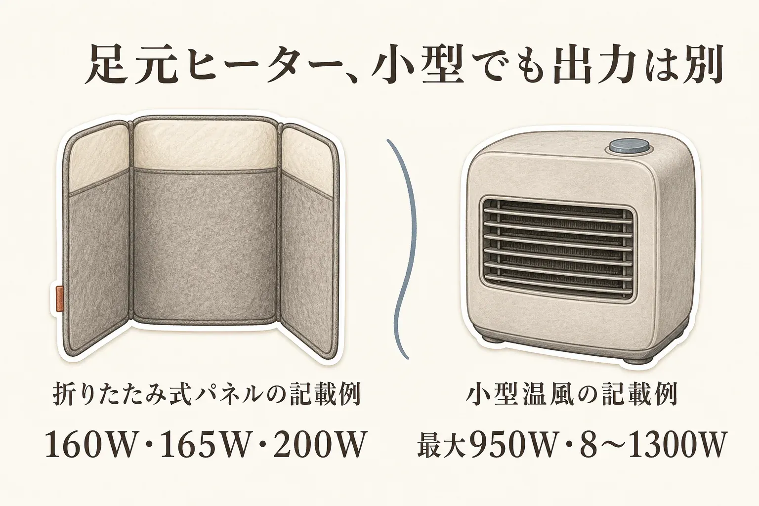 パネル型と小型温風型の消費電力を比べる図。パネル型は160W・165W・200W、小型温風型は最大950W・8〜1300Wと表示し、本体の大きさではなく出力と使用時間、電力単価で電気代を見積もることを示している。