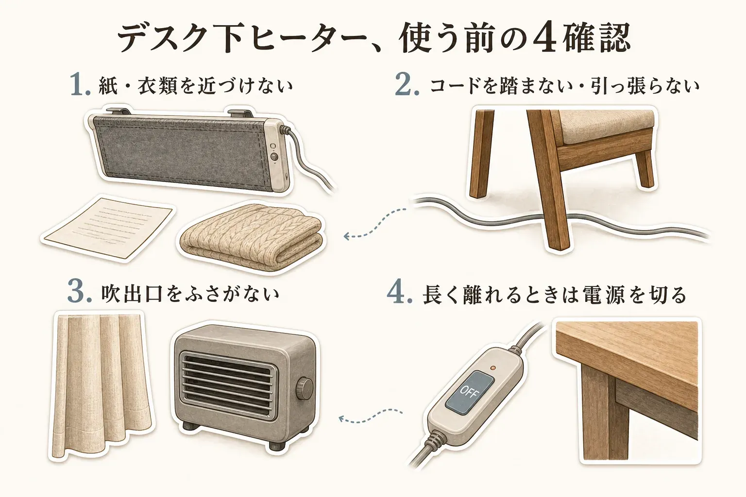 足元ヒーターを安全に使うための確認図。紙や衣類などの可燃物をパネルや吹出口から離し、コードを踏まない位置に通し、吹出口をふさがず、離席時は電源を切り、焦げ臭さやコードの傷があれば使用しないことを示す。出典：NITE「冬の火災は『ゼロ距離』と『ほったらかし』に注意！」。