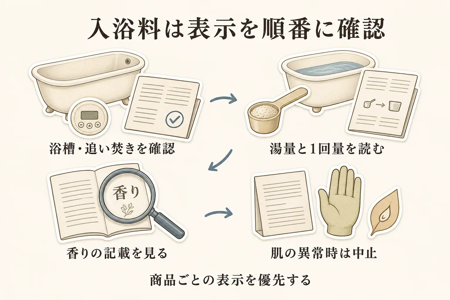 入浴料の表示を確認する順番の図。浴槽・追い焚きを確認し、湯量と1回量を読み、香りの記載を見て、肌に異常があれば使用を中止する流れを、浴槽・計量カップ・説明書・手と葉のイラストで示している。