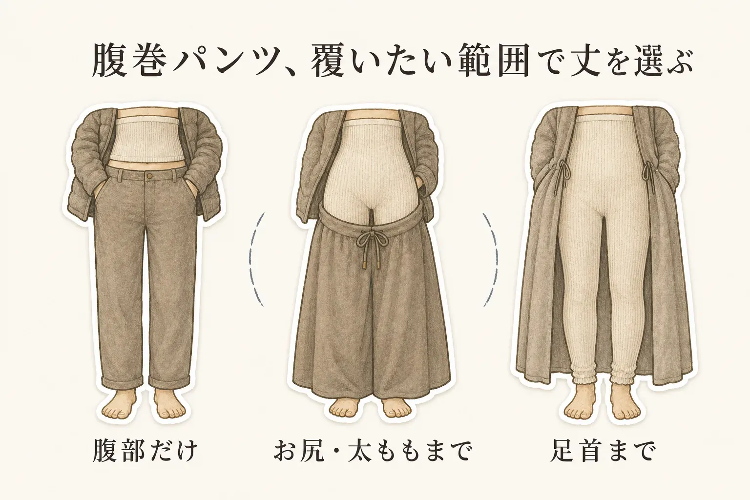 腹巻パンツを覆いたい範囲で選ぶ図。パンツの下で腹部だけを覆う短め丈、スカートの下でお尻・太ももまで覆う丈、ワンピースの下で足首まで覆う長い丈を並べている。