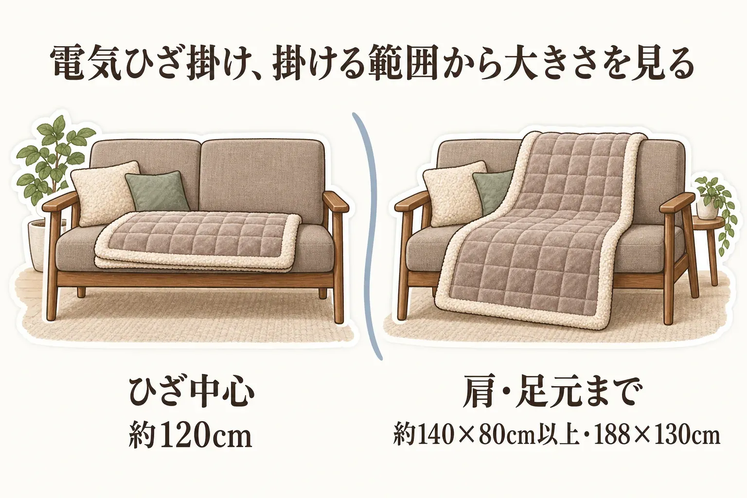 ソファに電気ひざ掛けを掛けた範囲の比較図。ひざ中心なら約120cm、肩・足元まで覆うなら約140×80cm以上または約188×130cmの例を示している。