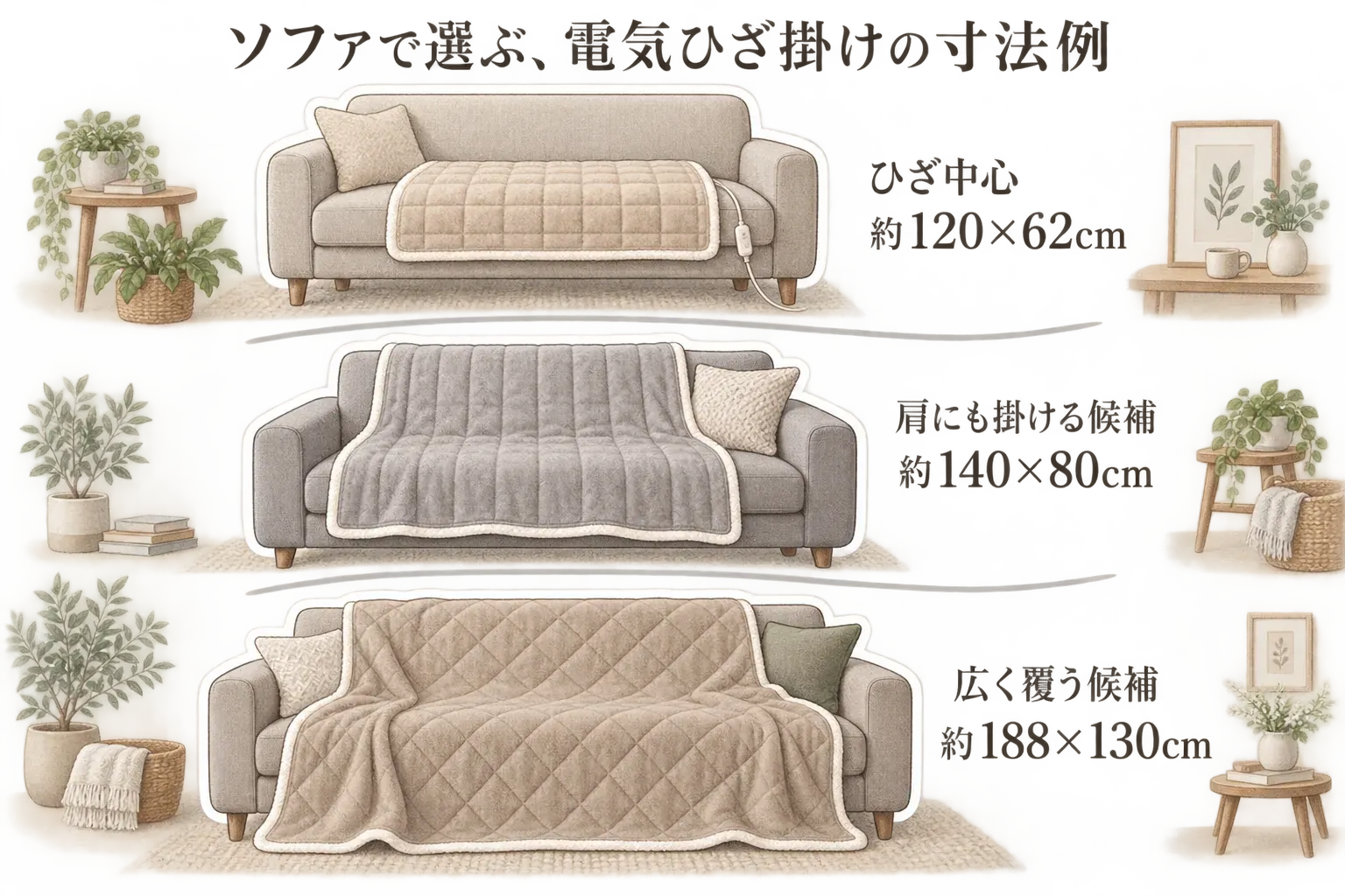 ソファで使う電気ひざ掛けの寸法例。ひざ中心は約120×62cm、肩にも掛ける候補は約140×80cm、広く覆う候補は約188×130cmとして、ソファに掛けた見え方を示している。