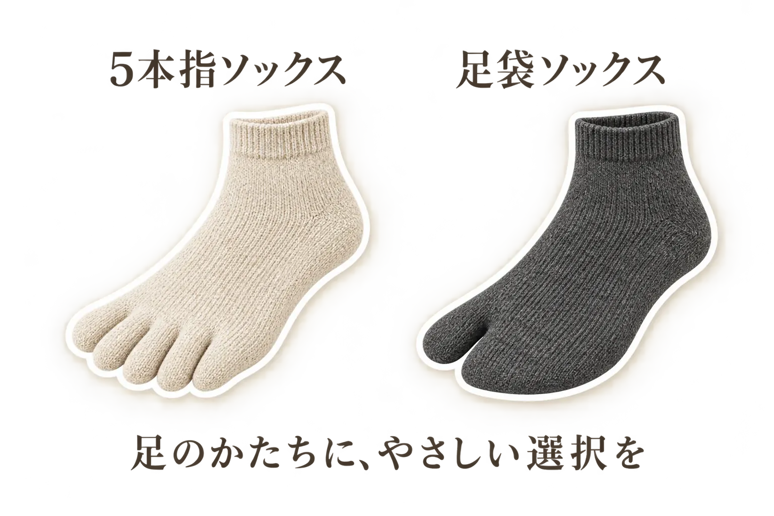 室内用靴下の足指の構造を比べる図。5本指靴下は5本すべての指を分け、足袋ソックスは親指と残り4本を分ける形を示している。