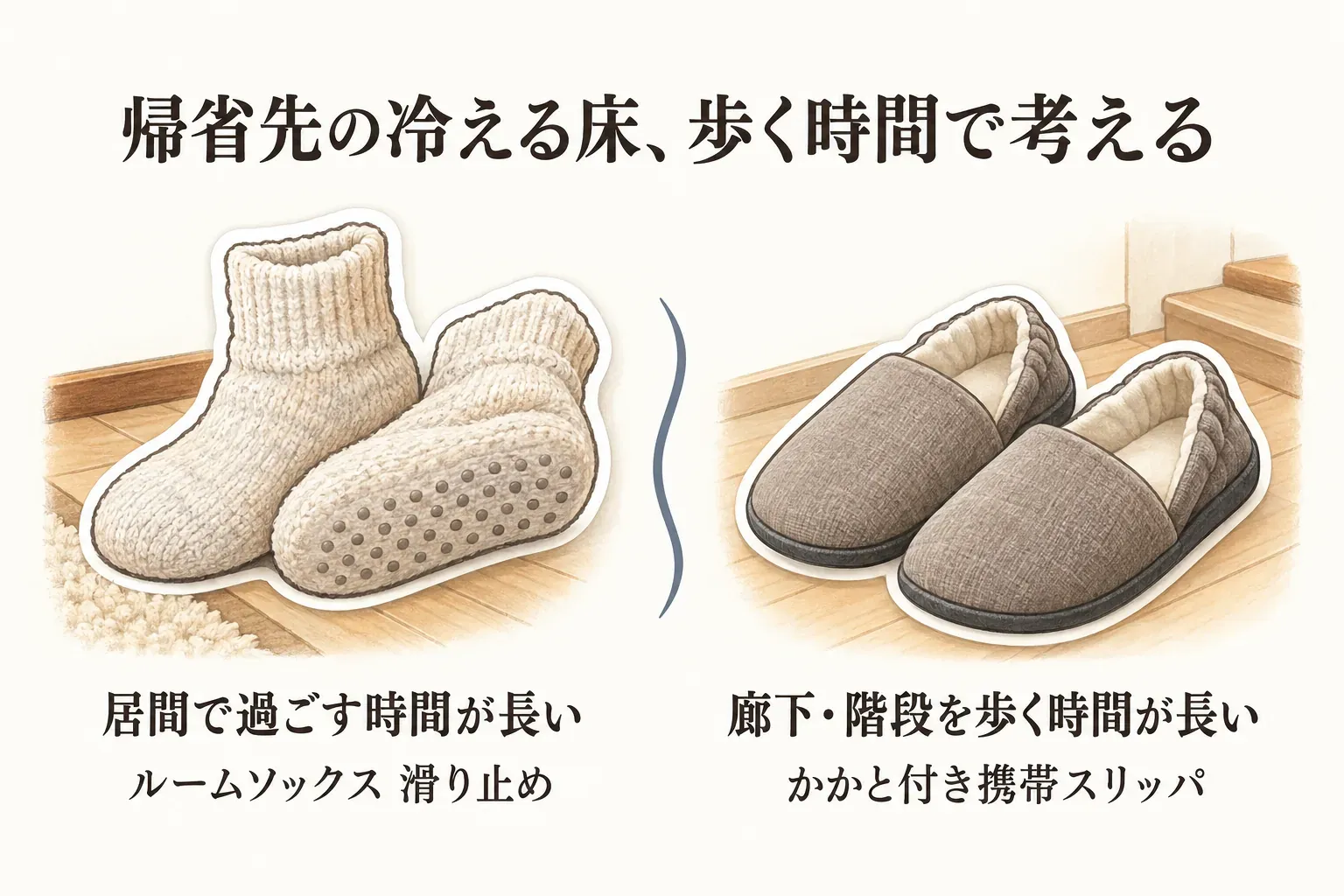 帰省先の冷える床で歩く時間による選び方を示す図。居間で過ごす時間が長い場合は足裏に滑り止めが付いたルームソックス、廊下・階段を歩く時間が長い場合はかかと付き携帯スリッパを示している。