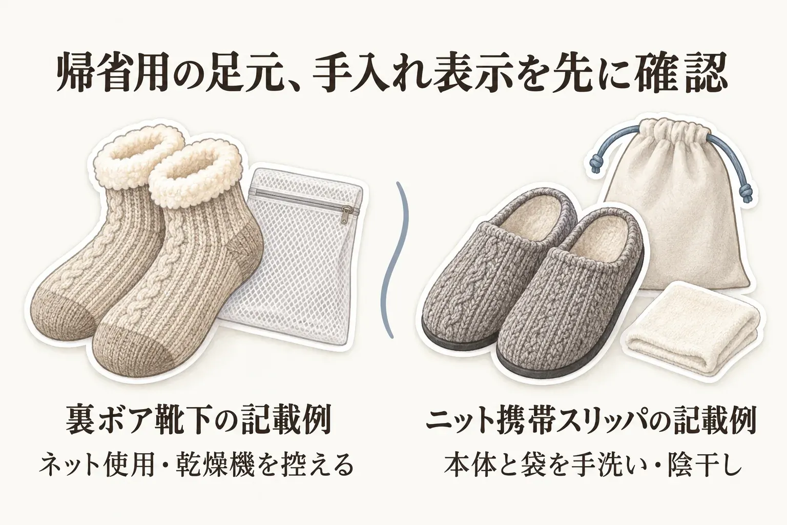 帰省用の足元の手入れ表示の例を示す図。裏ボア靴下は洗濯ネットを使用し乾燥機を控える、ニット携帯スリッパは本体と収納袋を手洗いして陰干しするという商品説明の記載例を示している。