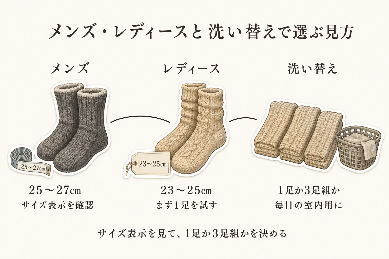 まるでこたつソックスをメンズ・レディース・洗い替えで選ぶ見方を示す図。メンズは25〜27cmのサイズ表示、レディースは23〜25cmでまず1足を試すこと、毎日の室内用には1足か3足組の洗い替えを選ぶことを、靴下と洗濯かごのイラストで示している。