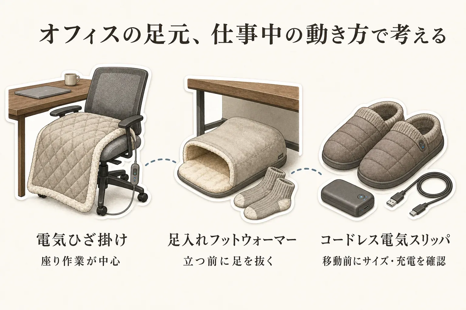 オフィスの足元暖房を仕事中の動き方で選ぶ図。座り作業中心には電気ひざ掛け、立つ前に足を抜ける人には足入れフットウォーマー、移動前にサイズと充電を確認できる人にはコードレス電気スリッパを示している。