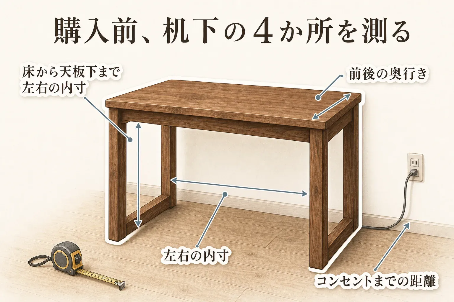 購入前に机の下で測る4か所を示す図。床から天板下までの高さ、左右の内寸、前後の奥行き、コンセントまでの距離を机とメジャーのイラストに矢印で示している。