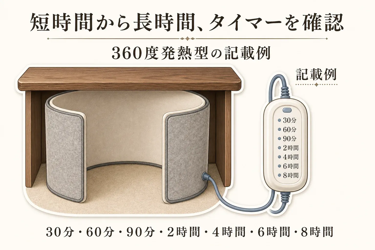 机の下に置いた360度発熱型パネルヒーターとタイマー設定例を示す図。リモコンに30分・60分・90分・2時間・4時間・6時間・8時間の選択肢があり、短時間から長時間まで確認することを示している。