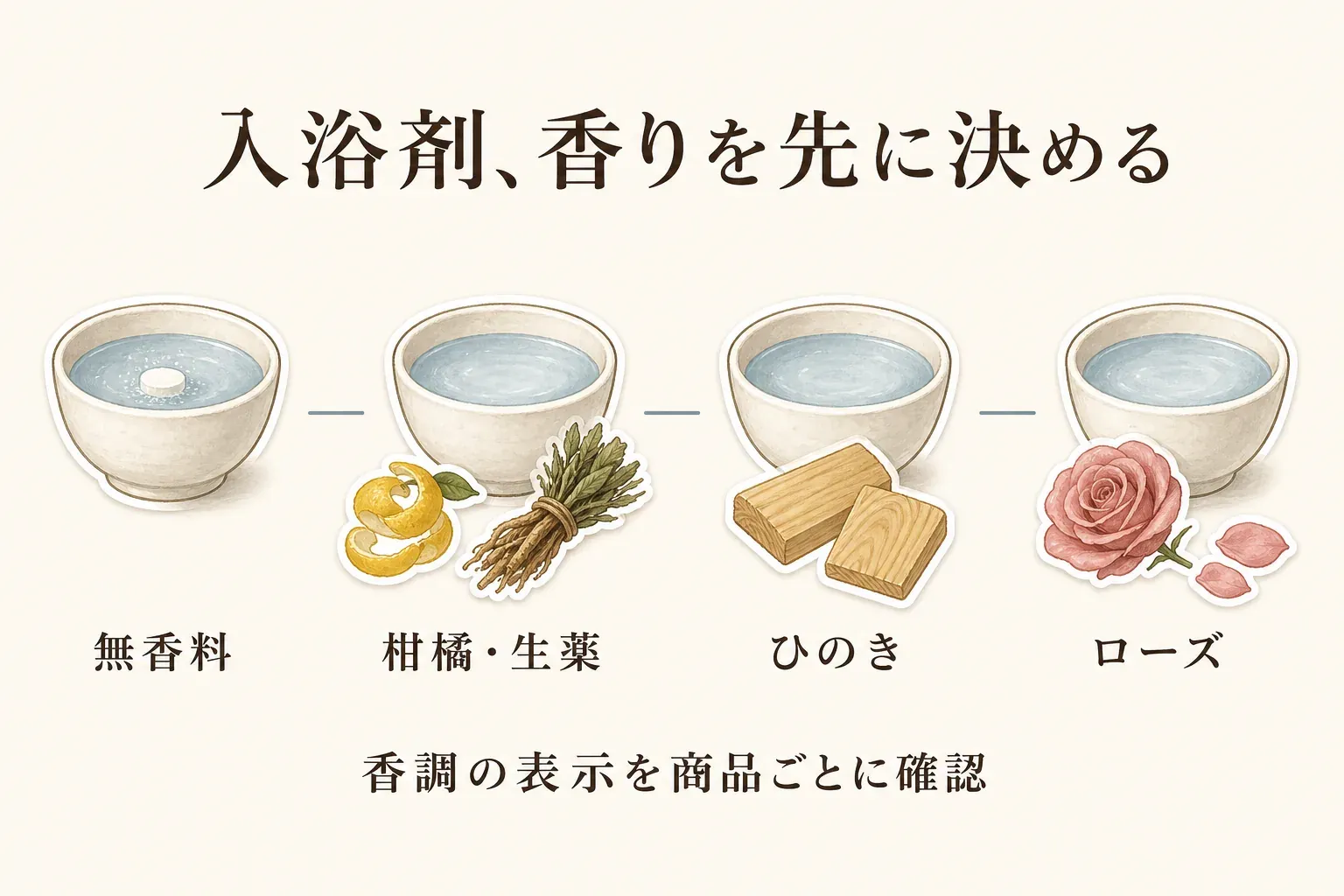 入浴剤の香りを無香料、柑橘・生薬、ひのき、ローズの4種類から先に決め、商品ごとの香調表示を確認する流れを示す図