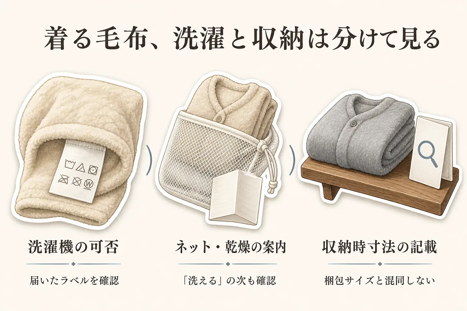 着る毛布の洗濯と収納を分けて確認する図。洗濯機で洗えるかは届いたラベルを確認し、洗濯ネットと乾燥方法を確認し、収納時の寸法は梱包サイズと混同せずに確認する流れを示している。