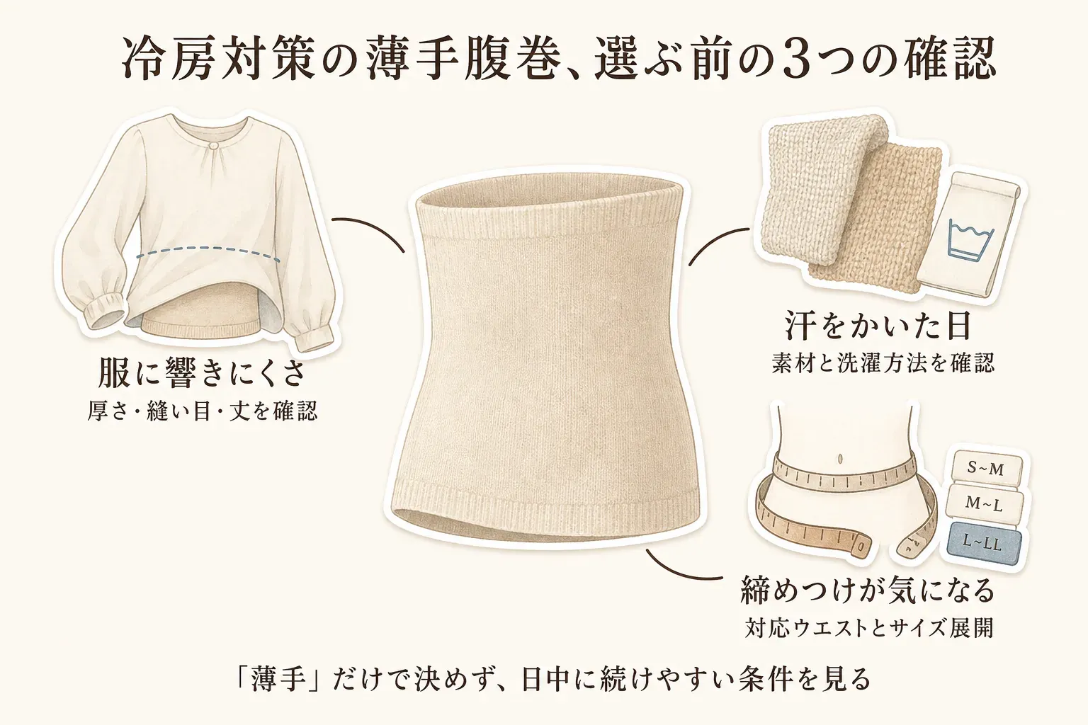 冷房対策の薄手腹巻を選ぶ前の3つの確認。服に響きにくさは厚さ・縫い目・丈、汗をかいた日は素材と洗濯方法、締めつけが気になる場合は対応ウエストとサイズ展開を確認することを、腹巻・服・洗濯物・メジャーのイラストで示している。