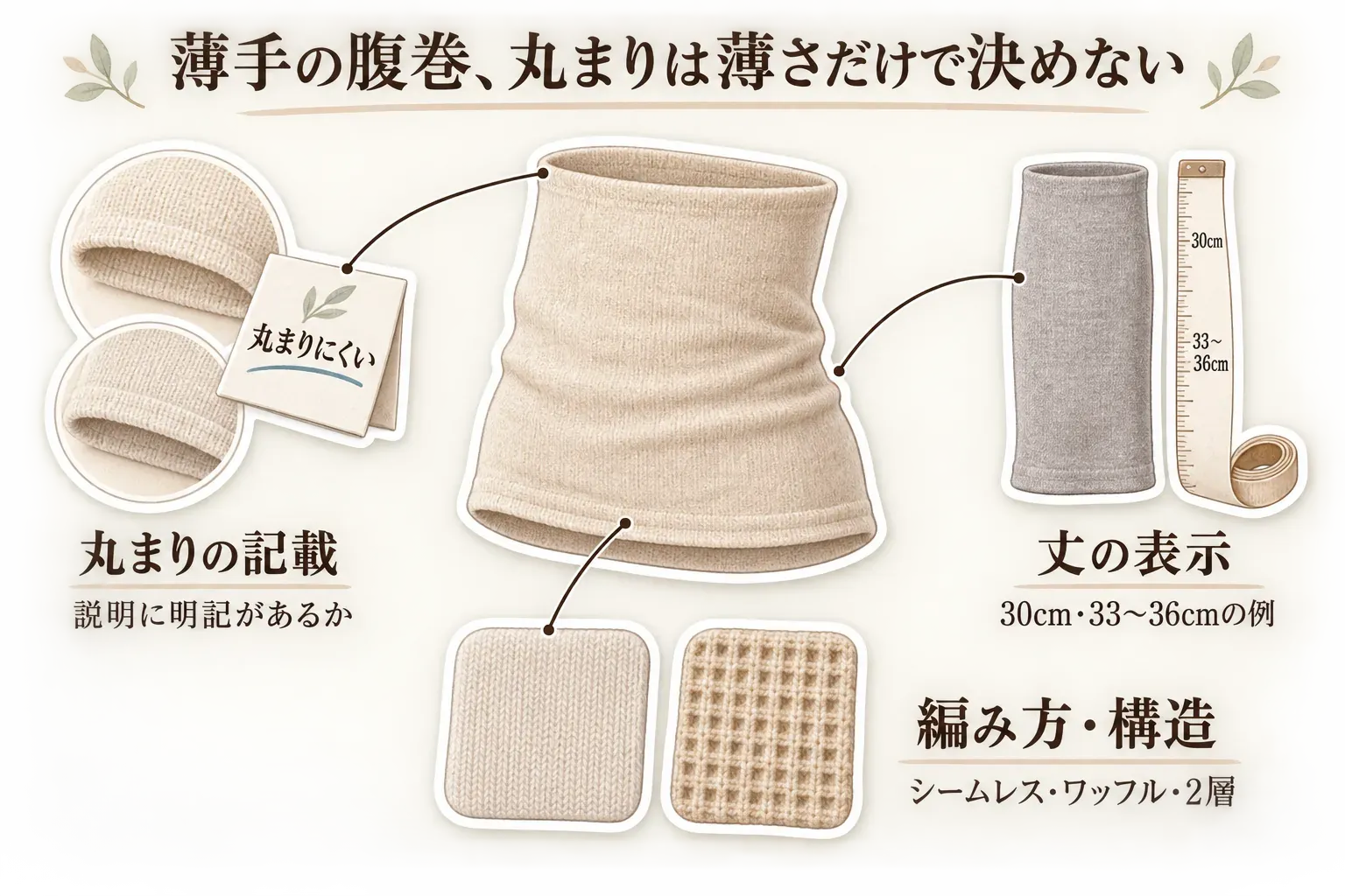 薄手の腹巻は丸まりを薄さだけで決めず、商品説明に丸まりにくさの明記があるか、丈が30cm・33〜36cmと表示されているか、シームレス・ワッフル・2層などの編み方や構造を確認することを、腹巻とメジャー、編み地のイラストで示した図。