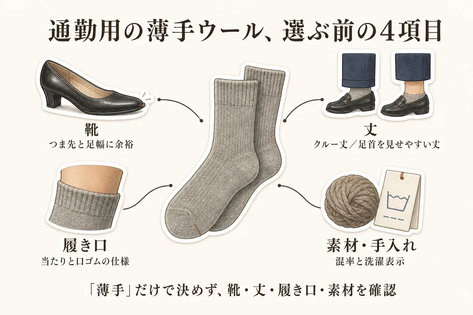 通勤用の薄手ウールソックスを選ぶ前の4項目。パンプスのつま先と足幅の余裕を確認する靴、クルー丈と足首を見せやすい丈を比べる丈、当たりと口ゴムの仕様を見る履き口、混率と洗濯表示を見る素材・手入れを、靴下のイラストとともに示している。