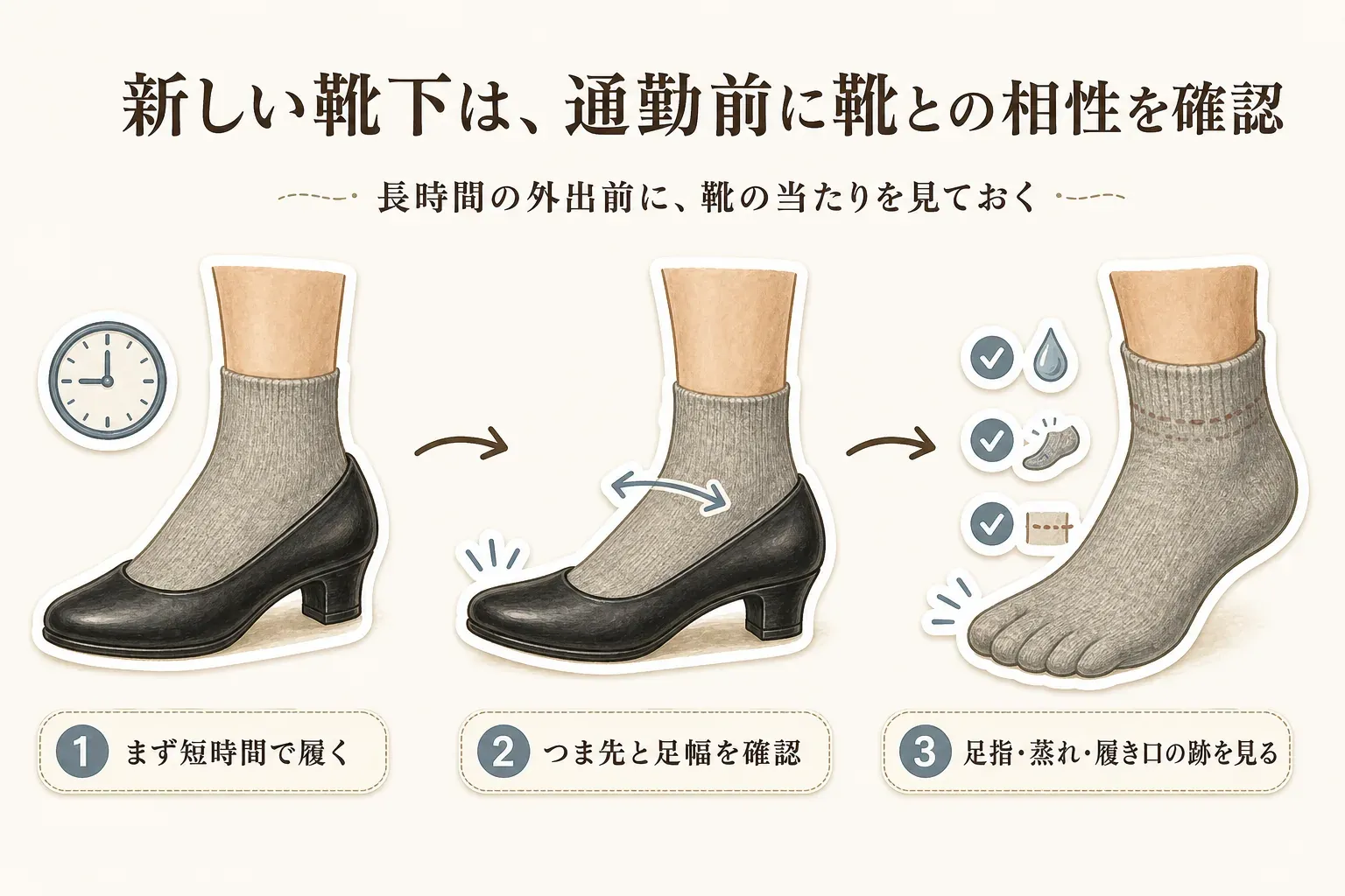 新しい靴下と通勤靴の相性を確認する手順。短時間でパンプスを履き、つま先と足幅の当たりを確認し、脱いだ後に足指の動かしやすさ、蒸れ、履き口の跡を見る3段階を、時計・パンプス・靴下のイラストで示している。