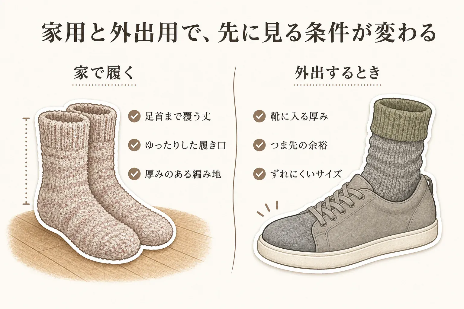 家用と外出用で先に見る条件の違い。家で履く靴下は足首まで覆う丈、ゆったりした履き口、厚みのある編み地を確認し、外出時は靴に入る厚み、つま先の余裕、ずれにくいサイズを確認することを、靴下とスニーカーのイラストで示している。