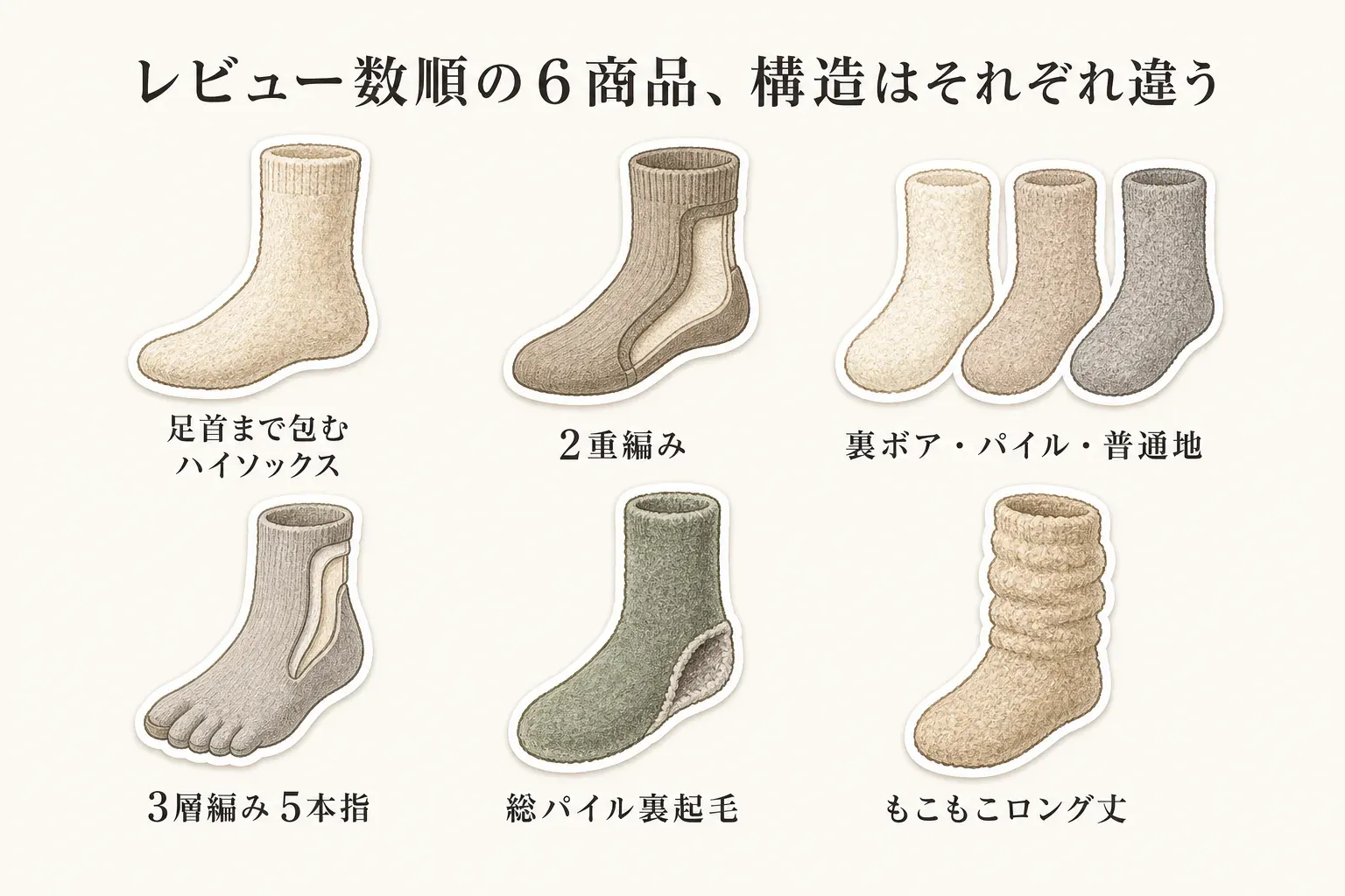 レビュー数順の6商品にある靴下の構造の違い。足首まで包むハイソックス、2重編み、裏ボア・パイル・普通地、3層編みの5本指、総パイル裏起毛、もこもこロング丈をイラストで示している。
