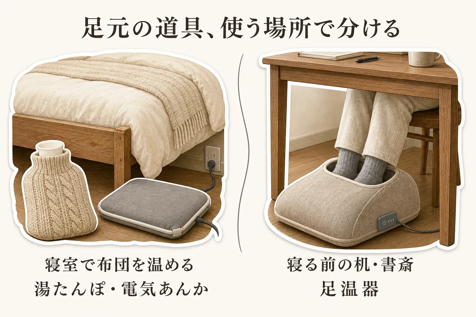足元の道具を使う場所で分ける図。寝室ではベッドの足元に湯たんぽと電気あんかを置いて布団を温め、寝る前の机・書斎では椅子に座って足温器に足を入れて使う場面を示している。