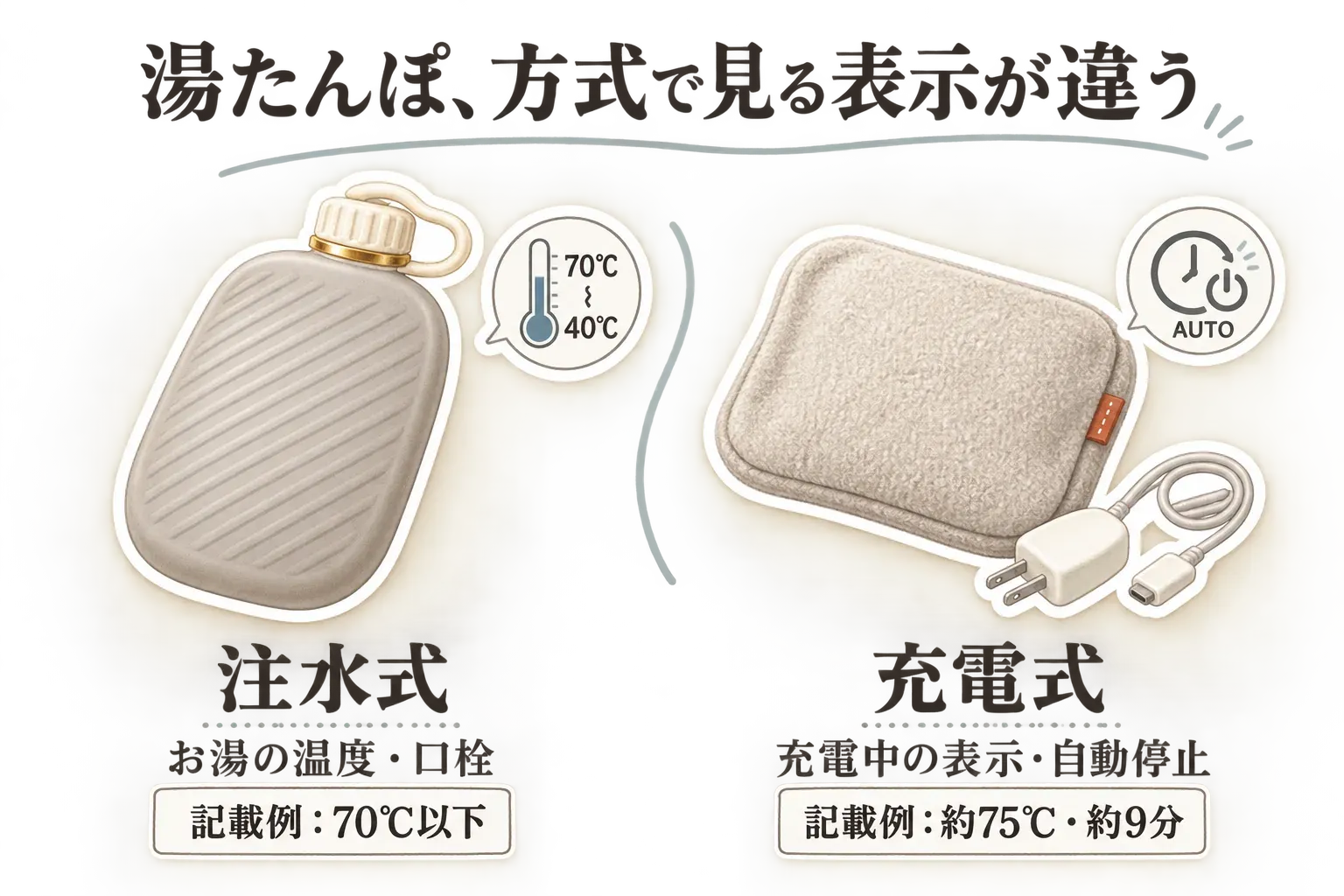 湯たんぽのタイプ別に確認する表示を示す図。注水式は湯たんぽ本体、温度計、口栓を描き、お湯の温度・口栓と記載例「70℃以下」を示す。充電式はカバー付き本体と充電コード、自動停止のアイコンを描き、充電中の表示・自動停止と記載例「約75℃・約9分」を示す。